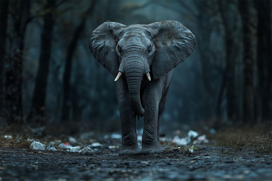 Elephant standing alone on a misty, forested path with scattered debris on the ground, creating a somber and mysterious atmosphere.
