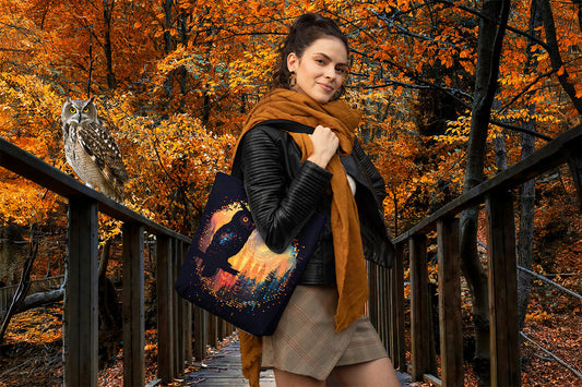 Woman standing on a wooden bridge in a forest during autumn, wearing a scarf and leather jacket, holding a tote bag with an owl design. An owl is perched on the railing beside her.