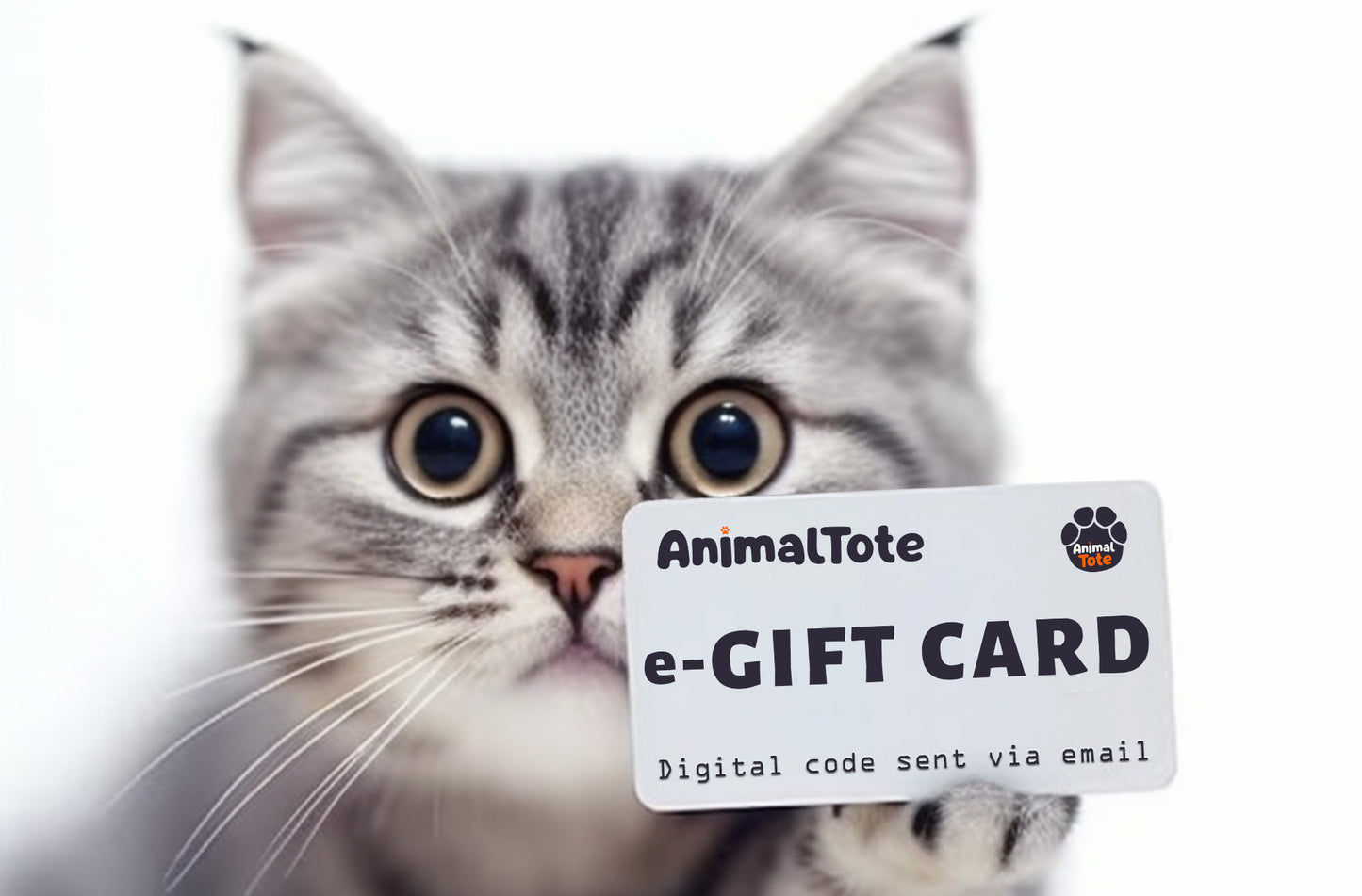 Grey cat confidently displays an e-gift card with AnimalTote logo, name, and related information.