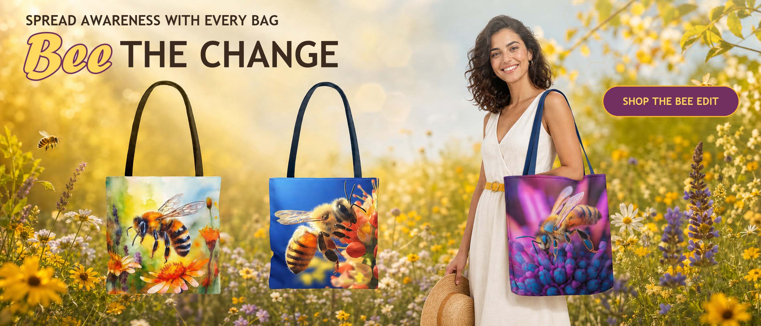 Three colourful bee-print tote bags in a golden summer meadow beside a smiling woman in an ivory dress carrying the purple design, with Bee the Change.